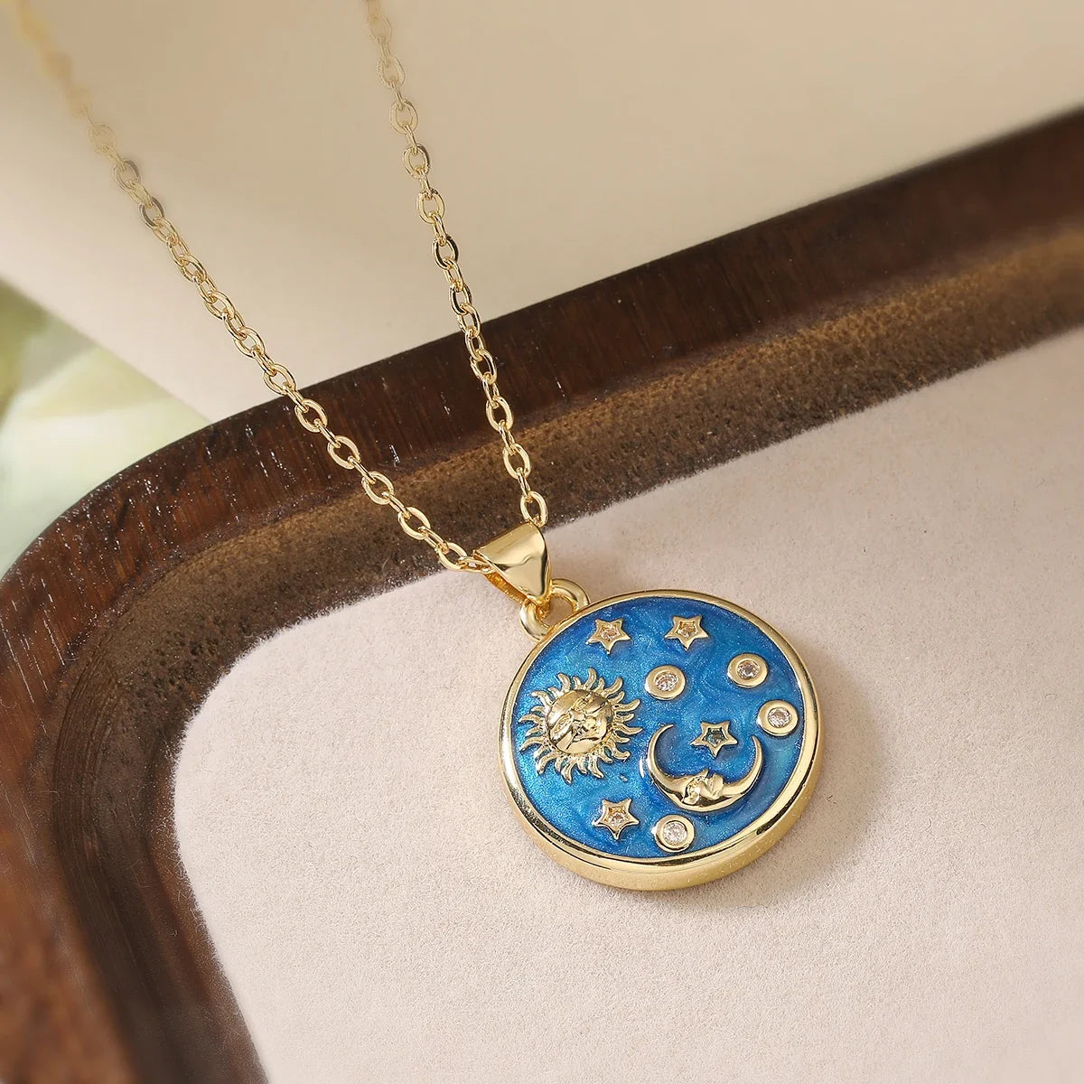 NEWBUY Delicate Blue Oil Dripping Star Moon Sun Round Pendant Necklaces For Elegant Women Bitrhday Gift