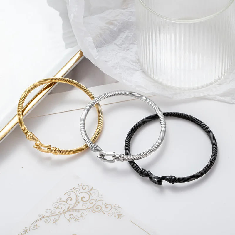 1PCS Stainless Steel Wire Bracelet Horseshoe Shaped Magnetic Buckle Trendy Minimalist Punk Gold Silver Black Men's Bracelet