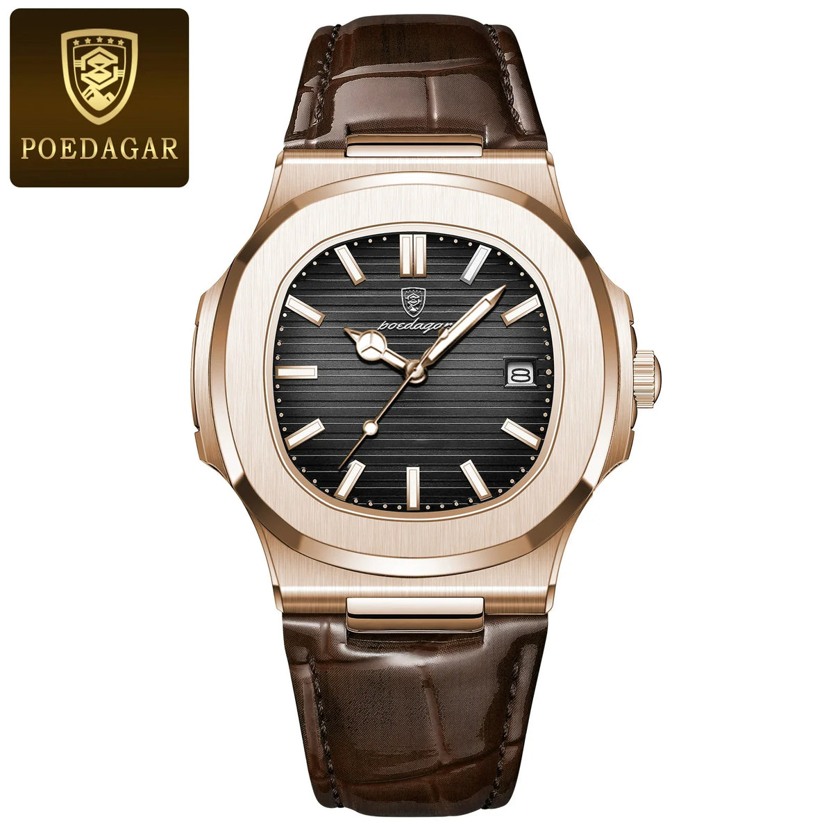 POEDAGAR Fashion Square Men's Watch Waterproof Luminous Date Business Man Wristwatch Casual Leather Quartz Watches For Men Reloj