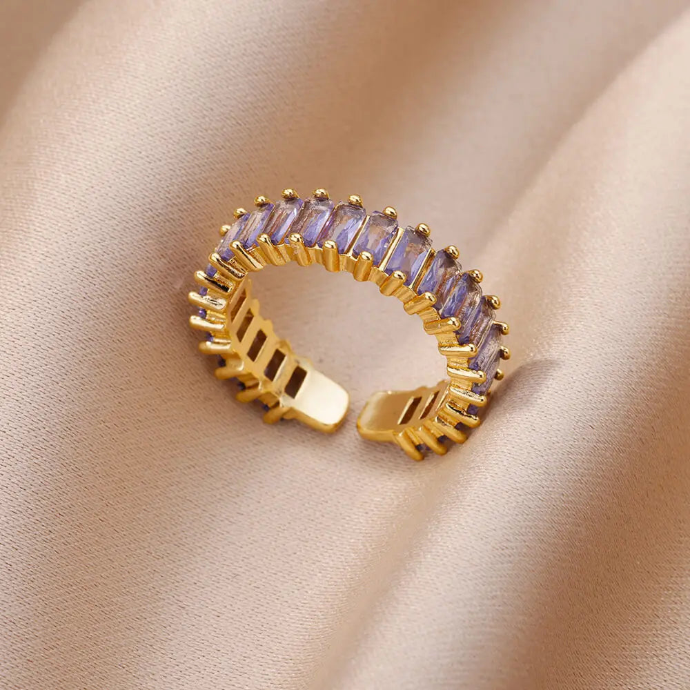 Gold Color Cubic Zircon Rings For Women Open Stainless Steel Green Luxury Crystal Finger Ring Boho Jewelry Wedding Party Gift