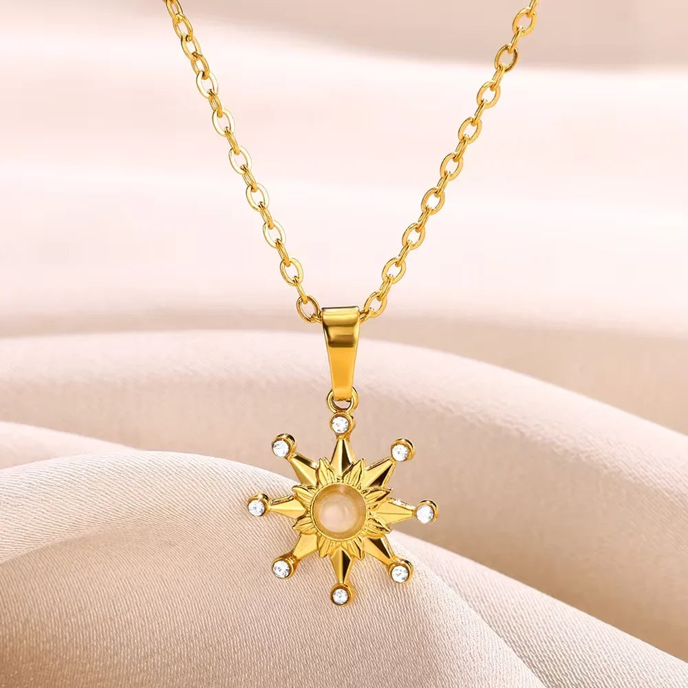 Stainless Steel Sun Sunflower Pendant Necklace For Women Gold Color Round Charm Clavicle Chain Necklaces Fashion Jewelry Gift