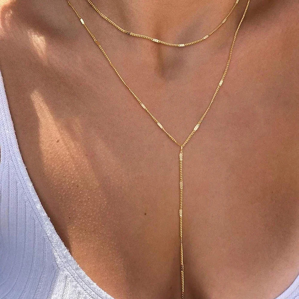 DOTIFI Stainless Steel Fashion Commuter Y-Shaped Fringe Necklace Minimalist Double-Layer Collarbone Chain Jewellery For Women