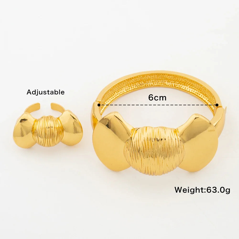Gold Color Bangle with Ring Set Ladies Elegant Lovely Bow Design Hand Bracelet and Finger Ring Weddings Bride Bangle Jewelry Set