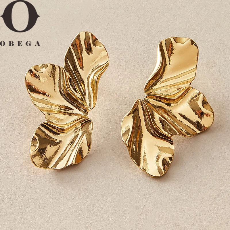Obega Geometric Fuchsia Stone Earrings  Warm Gold Color Flower Shape Women Earring Stud Party Beach Jewelry For Girls