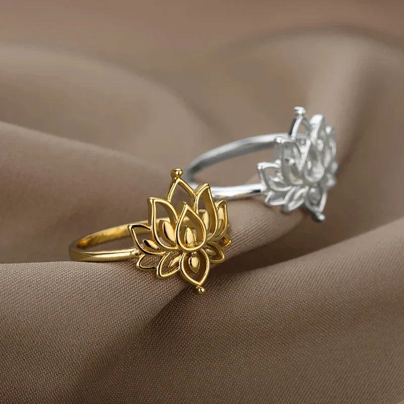 Lotus Flower Rings For Women Stainless Steel Gold Color Hollow Out Ring Fashion Wedding Party Aesthetic Jewelry Gift anillos