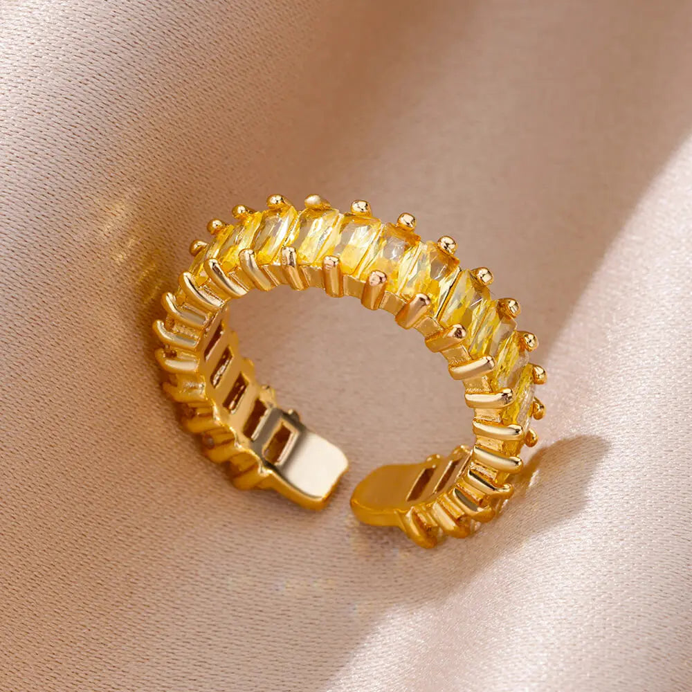 Gold Color Cubic Zircon Rings For Women Open Stainless Steel Green Luxury Crystal Finger Ring Boho Jewelry Wedding Party Gift