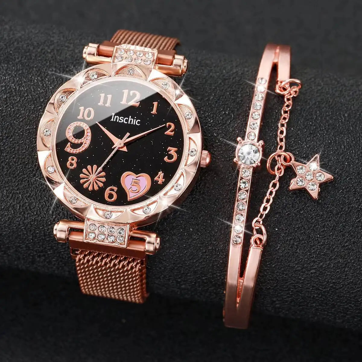 2PCS Fashion Women's Watches Set Magnet Buckle Mesh Strap Analog Quartz Watch Star Bracelet Set Reloj Mujer