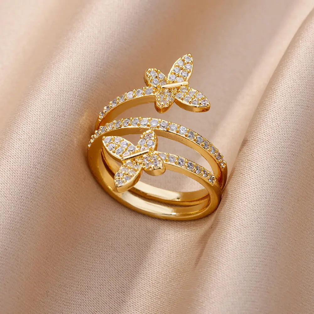 Gold Color Cubic Zircon Rings For Women Open Stainless Steel Green Luxury Crystal Finger Ring Boho Jewelry Wedding Party Gift