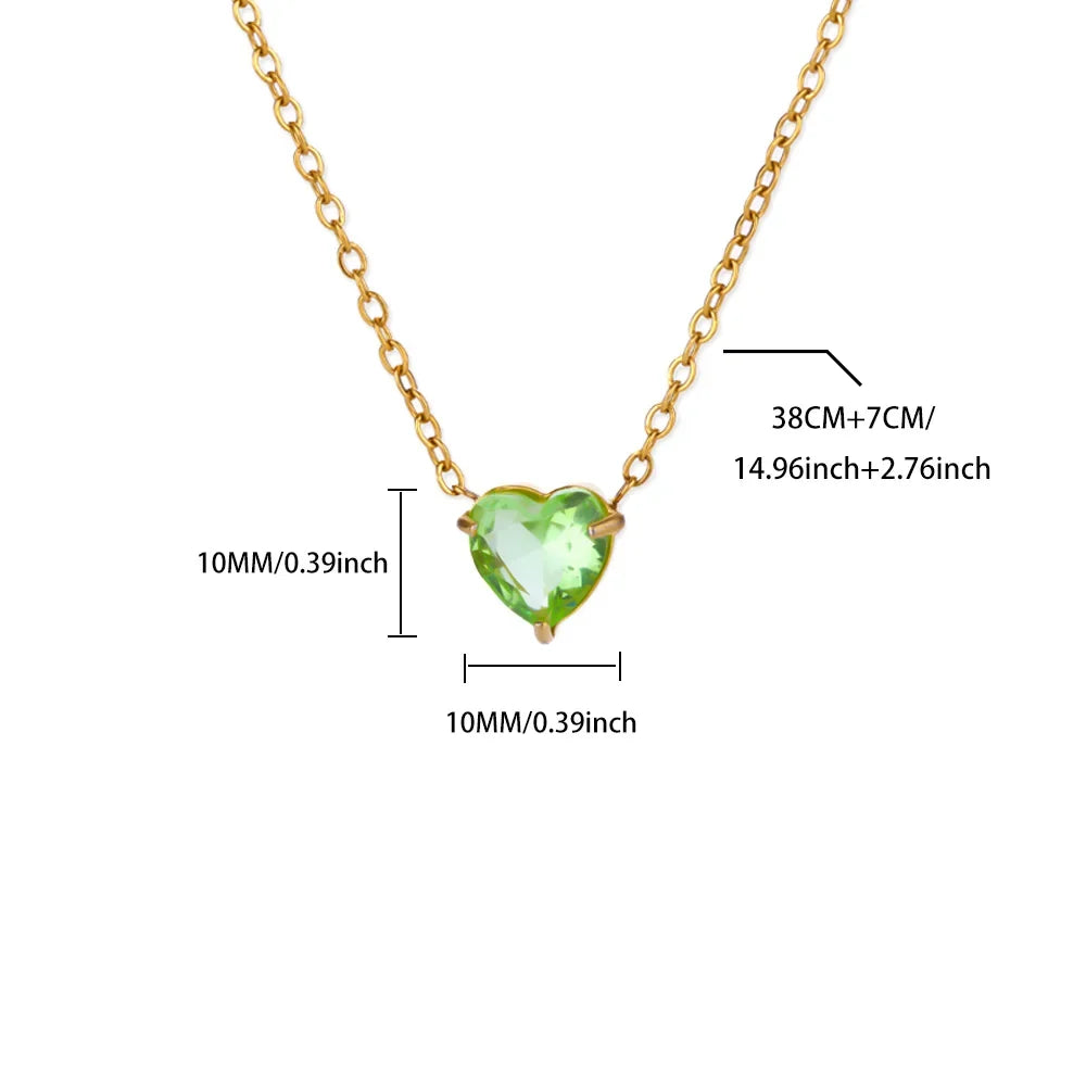 Stainless Steel Birthstone Pendant Necklace for Women Fashion Heart Crystal Zircon Charm Clavicle Chain Birthday Party Jewelry