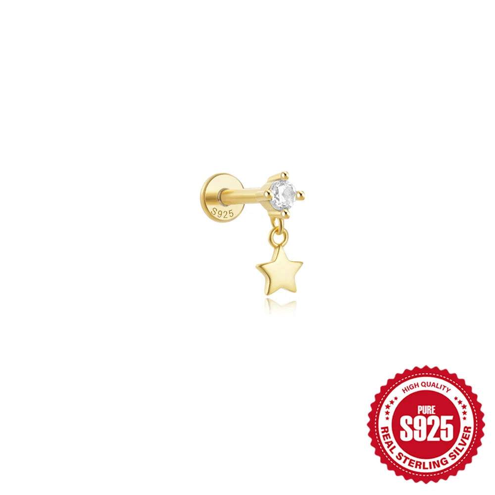 CANNER 1PC Four Pointed Star Moon Tassel Lotus Cartilage Spiral Puncture 925 Sterling Silver Stud Earring For Women Ins Earring