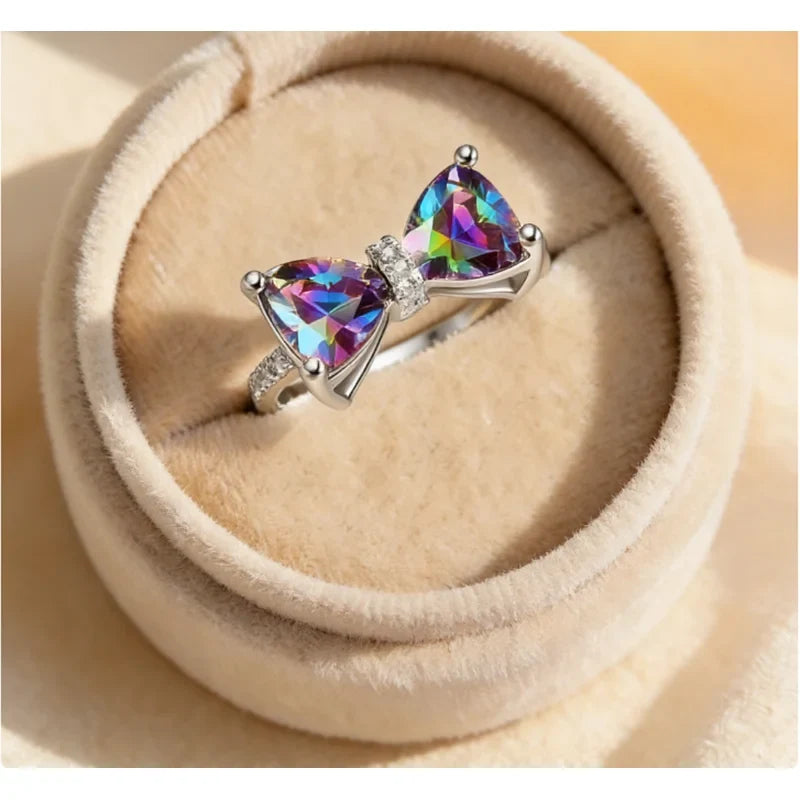 925 Sterling Silver Personality Multi-colored CZ Bow Rings for Women Bride Wedding Party Finger ring Nice Gift Fashion Jewelry