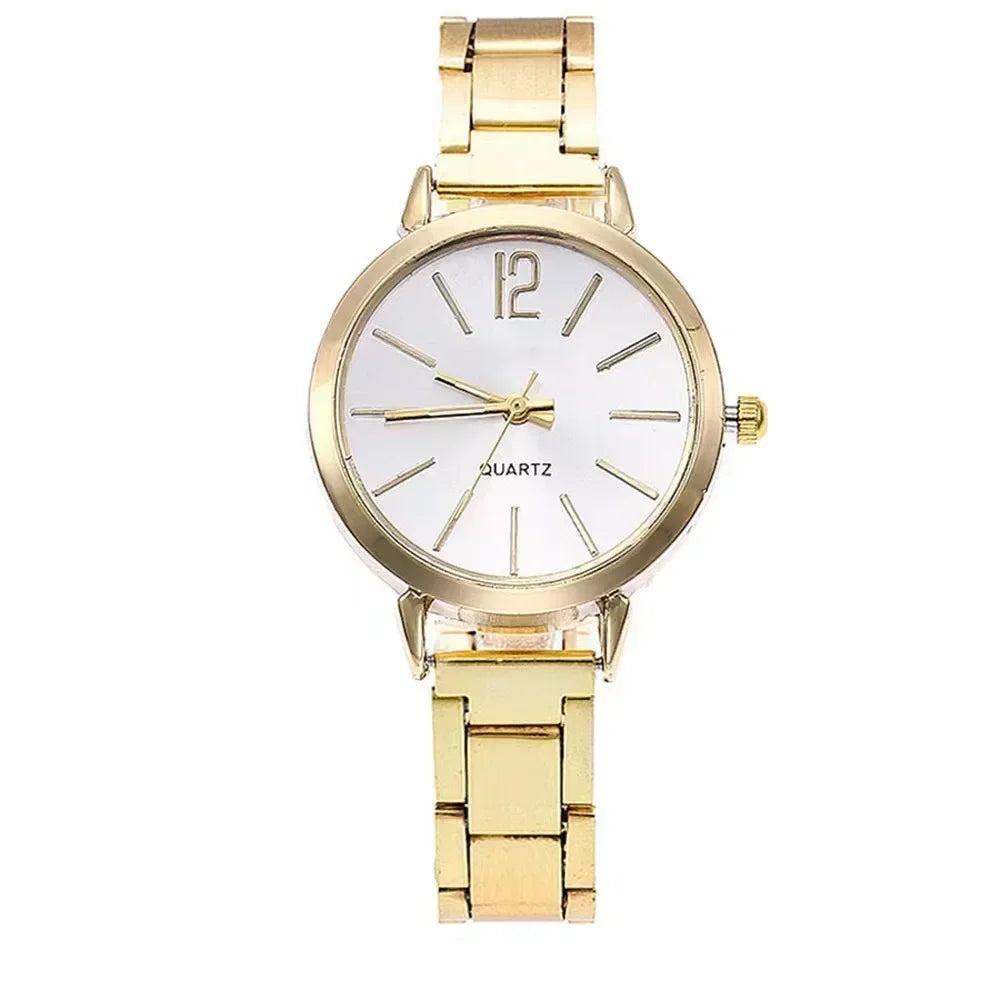 Relógio de pulso de quartzo redondo simples para mulheres, moda inoxidável, pulseira de ouro, relógios femininos, luxo,