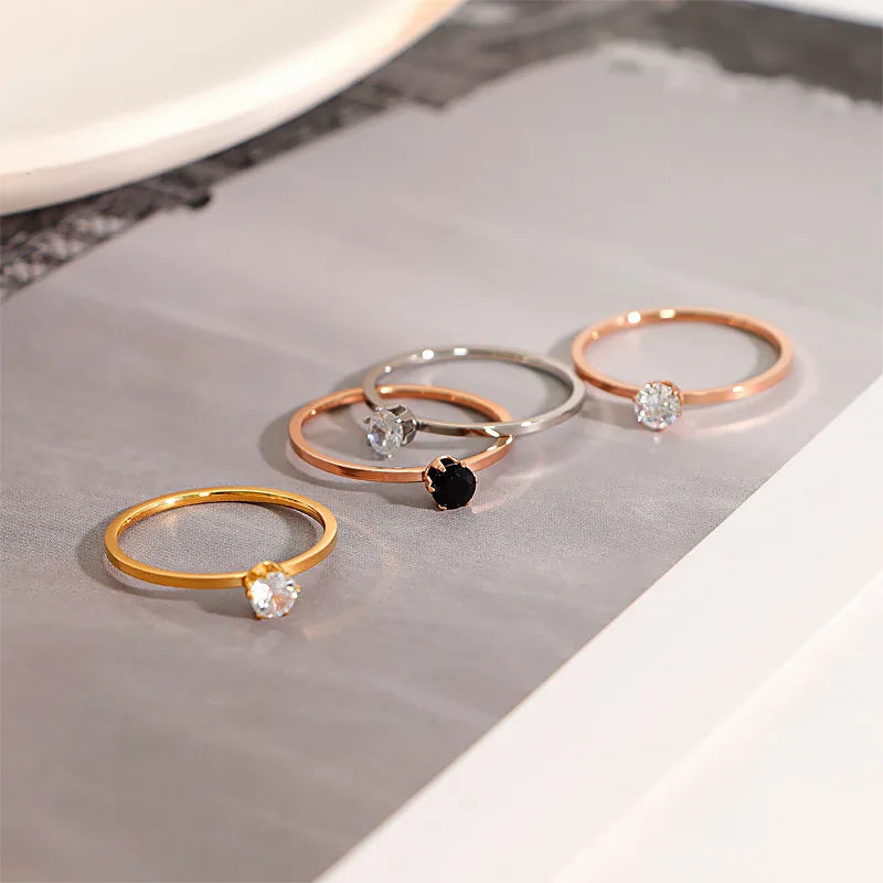 Stainless Steel Single CZ Ring Simple 1mm Thin Wedding Band for Women Girl Size 3-10