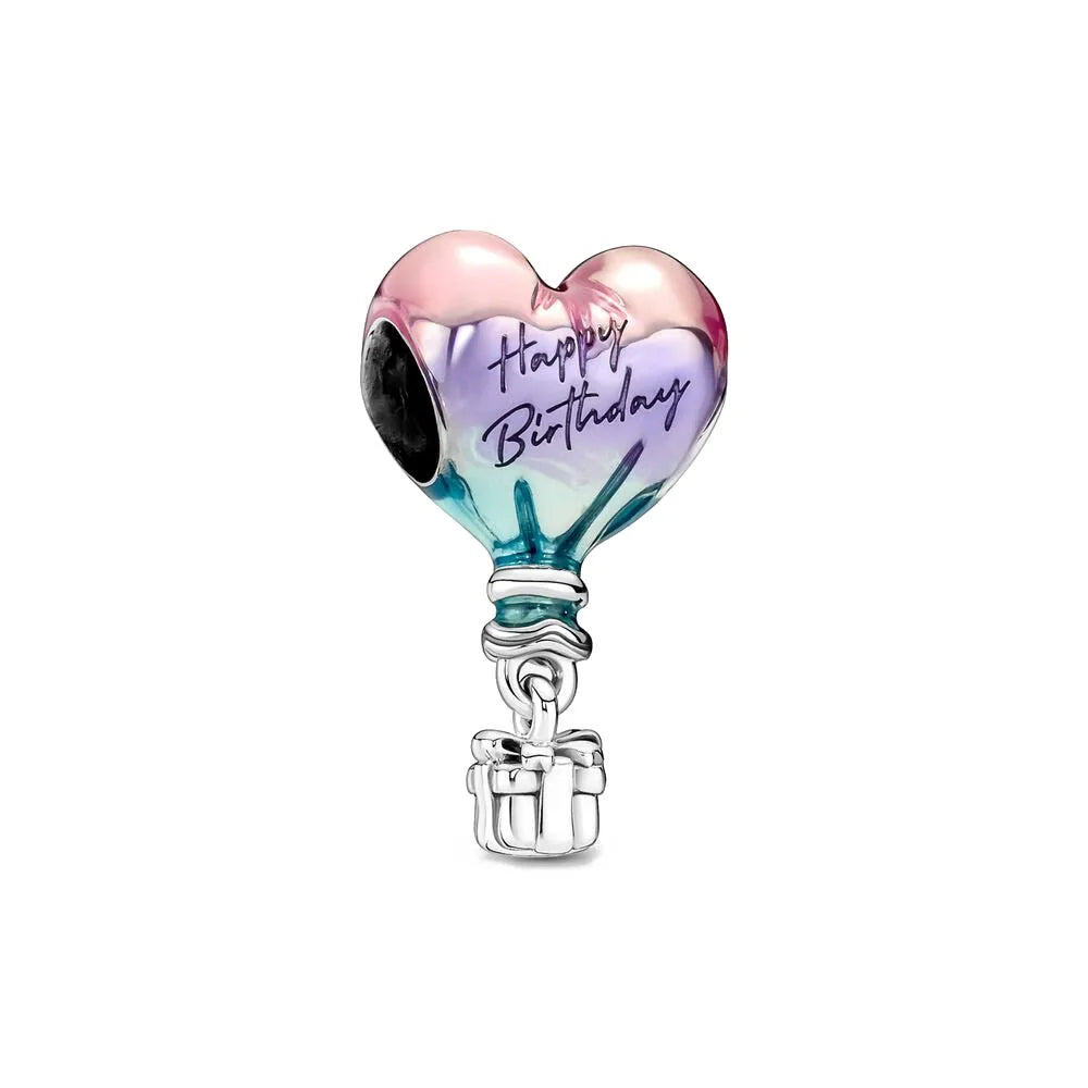 European New 925 Sterling Silver Spring New Pink Flower Ballon Cat Diy Beads Charm Fit European S925 Bracelet Bangles