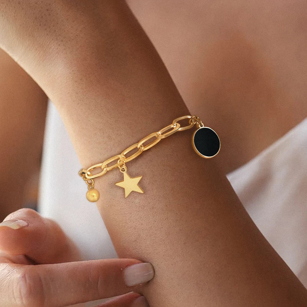 Stainless Steel Bracelets Retro Star Pendant Paperclip Chain Black Light Luxury Bracelet For Women Jewelry Holidays Banquet Gift