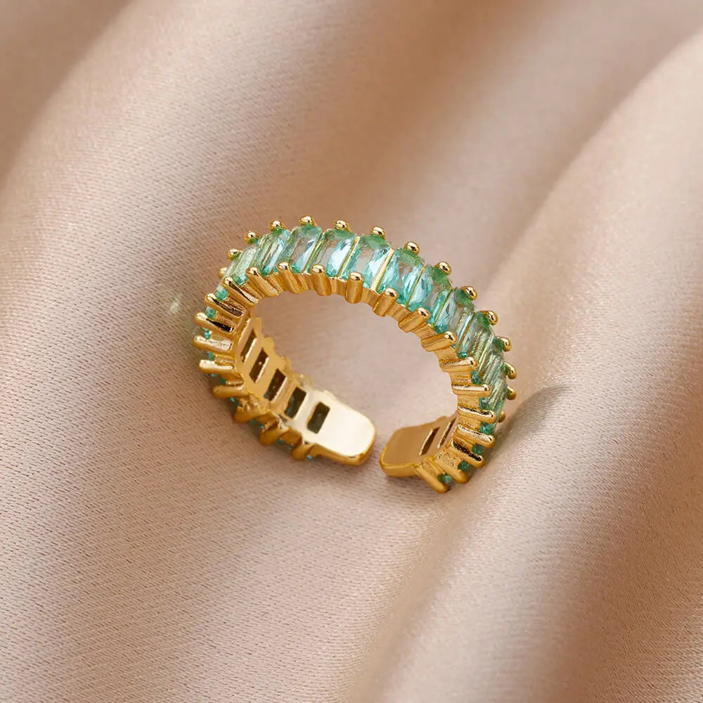 Gold Color Cubic Zircon Rings For Women Open Stainless Steel Green Luxury Crystal Finger Ring Boho Jewelry Wedding Party Gift