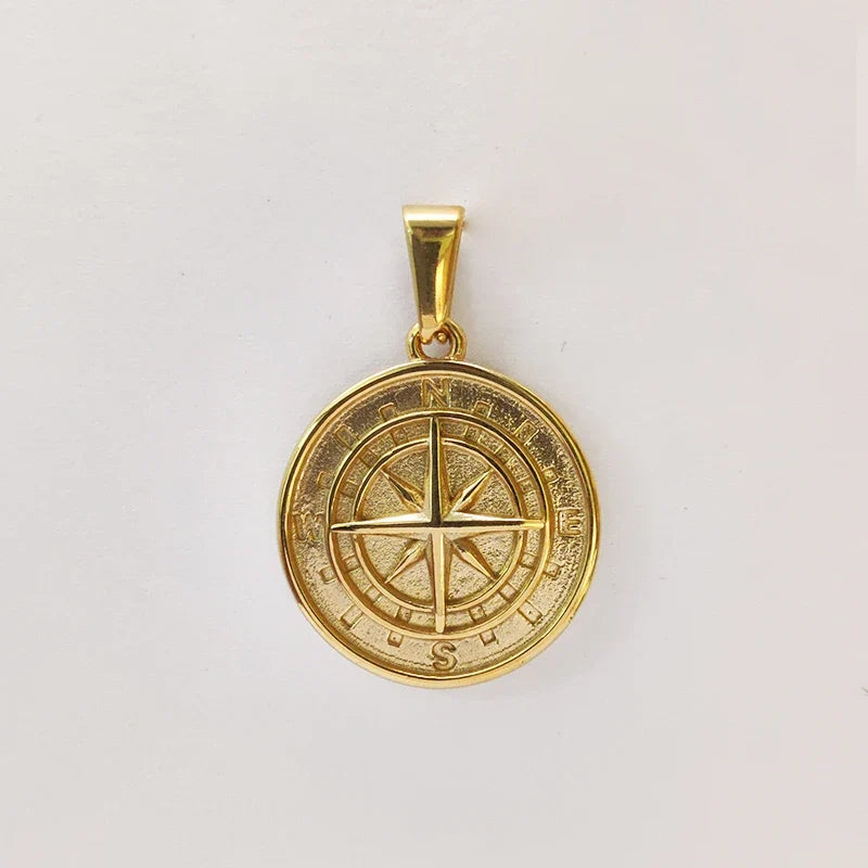 18K Gold Plated Stainless Steel Compass Pendant Necklace - Round Coin Design for Men & Women, Waterproof Unisex Jewelry Gift
