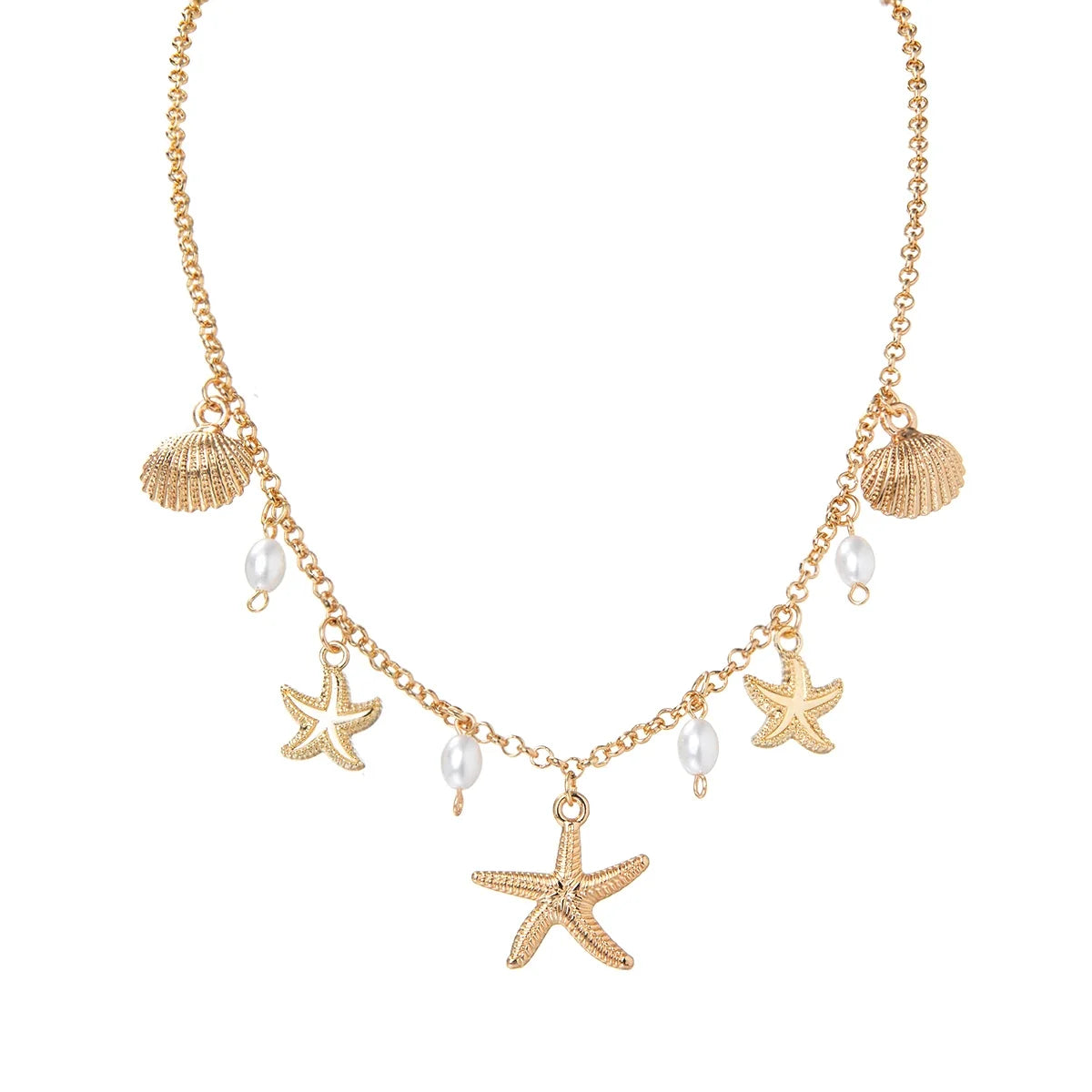Holiday beach style starfish pendant shell imitation pearl tassel beach element alloy women's necklace