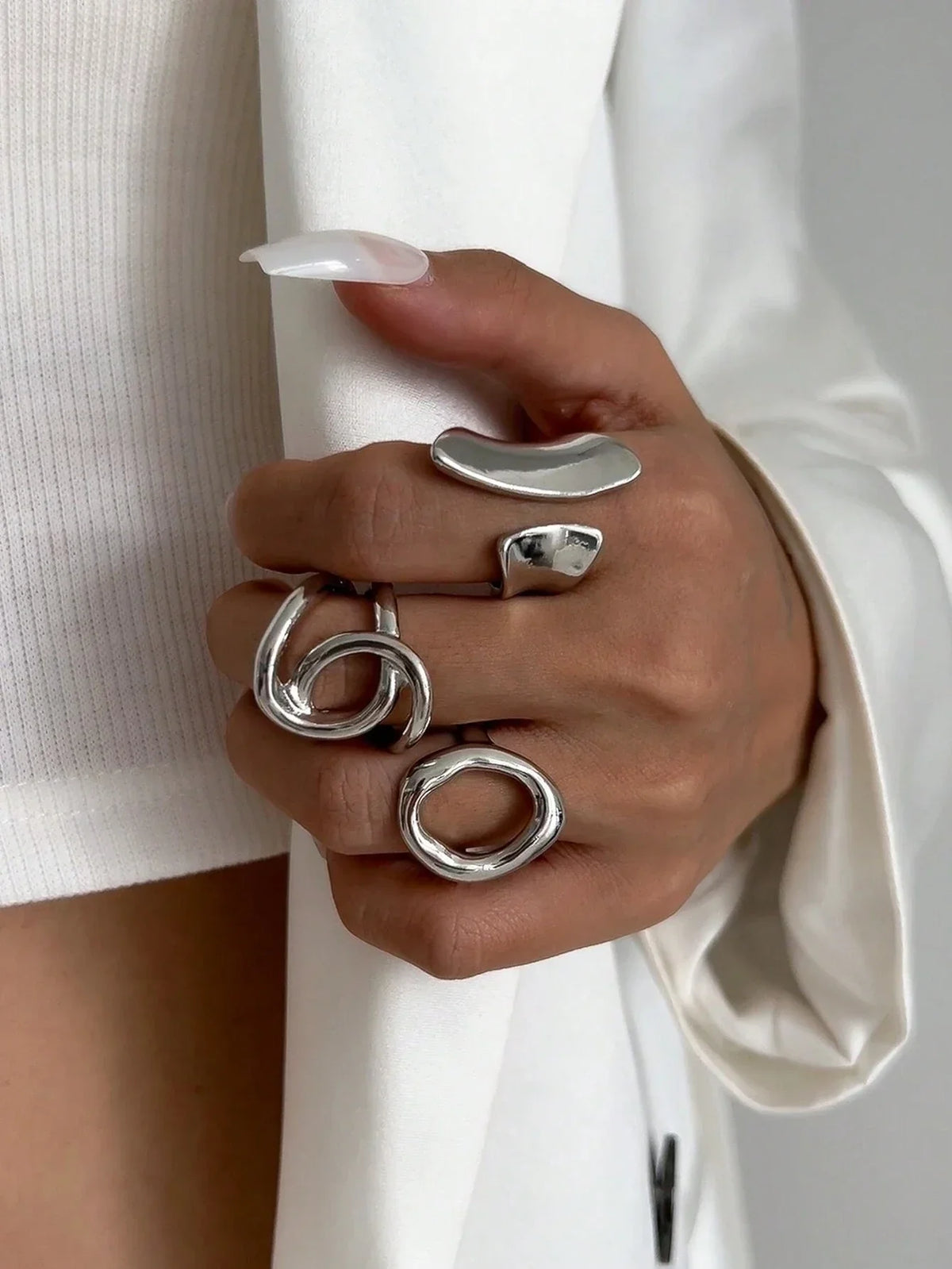 3pcs Retro Punk Exaggerated Asymmetrical Ring Set for Women Fashion Minimalist Geometric Hollow Round Unique Design Ring Jewelry