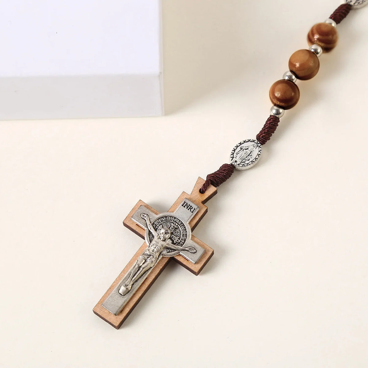 Wooden Rosary Necklace For Women Men Christian Cross Pendant 10MM Long Wood Beads Chain Fashion Religion Prayer Jewelry