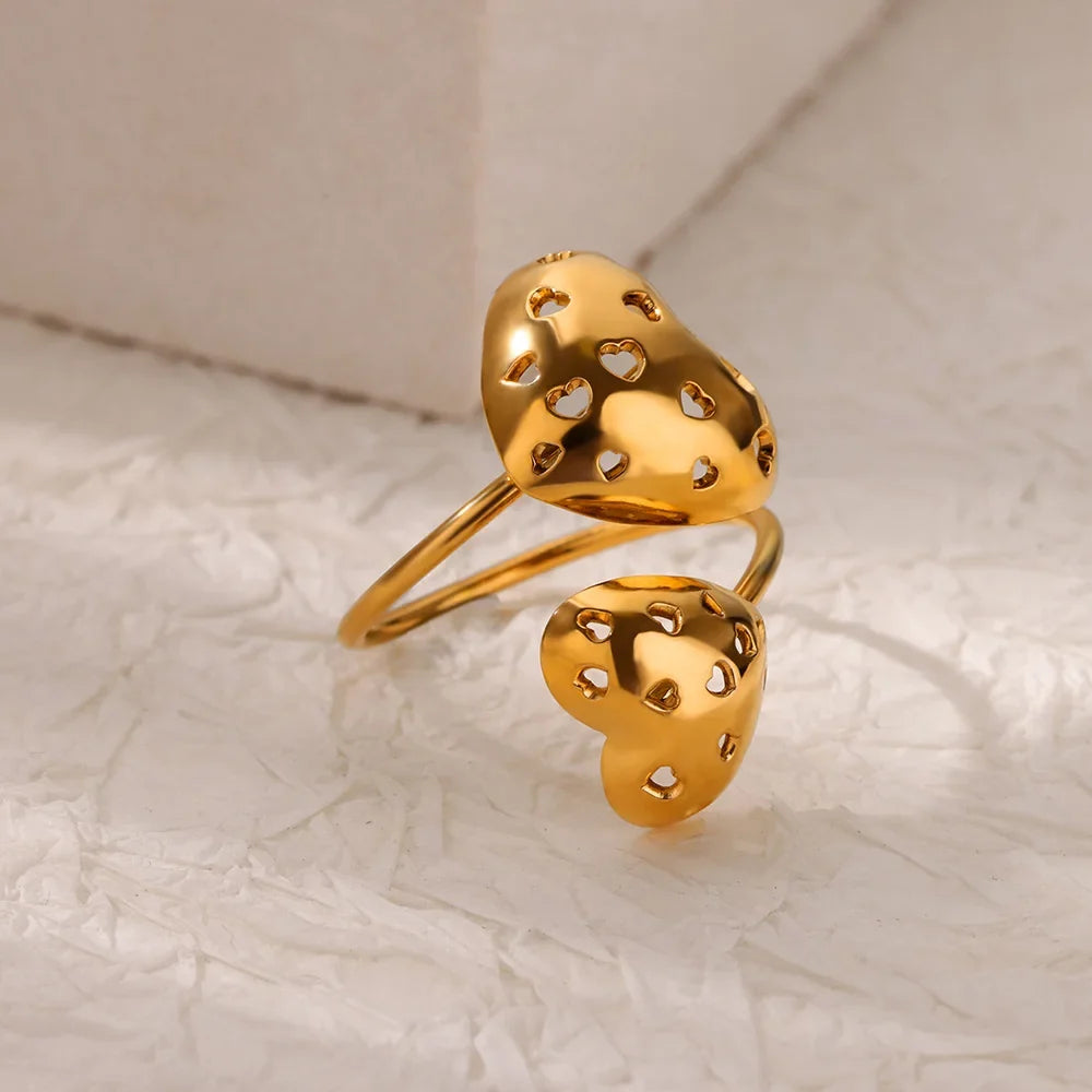 Double Heart Rings For Women Gold Color Stainless Steel Open Adjustable Ring Female Fashion Party Wedding Aesthetic Jewelry Gift
