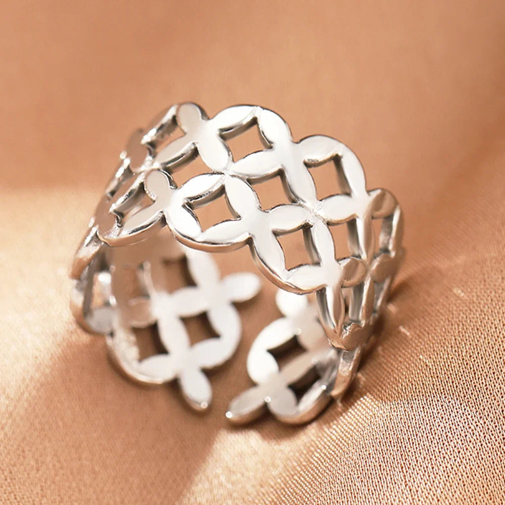 Stainless Steel Rings Vintage Exquisite Hollow Adjustable Open Statement Rings Light Luxury Fashion Rings For Women Jewelry New