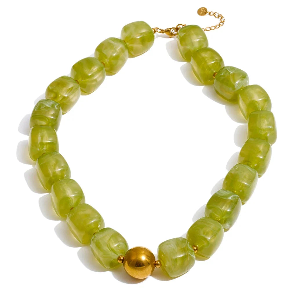Yhpup Acrylic Square Beads Chain Necklace Bracelet Bangle Stainless Steel Handmade Jewelry Waterproof Green Khaki Pink Amber
