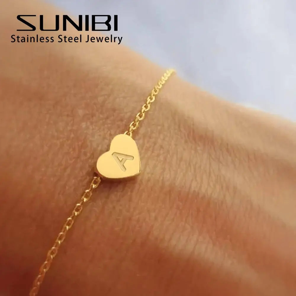 SUNIBI Heart Initial 26 Letter Bracelet for Woman DIY Simple Stainless Steel Adjustable Bracelets Jewelry Wholesale Dropshipping