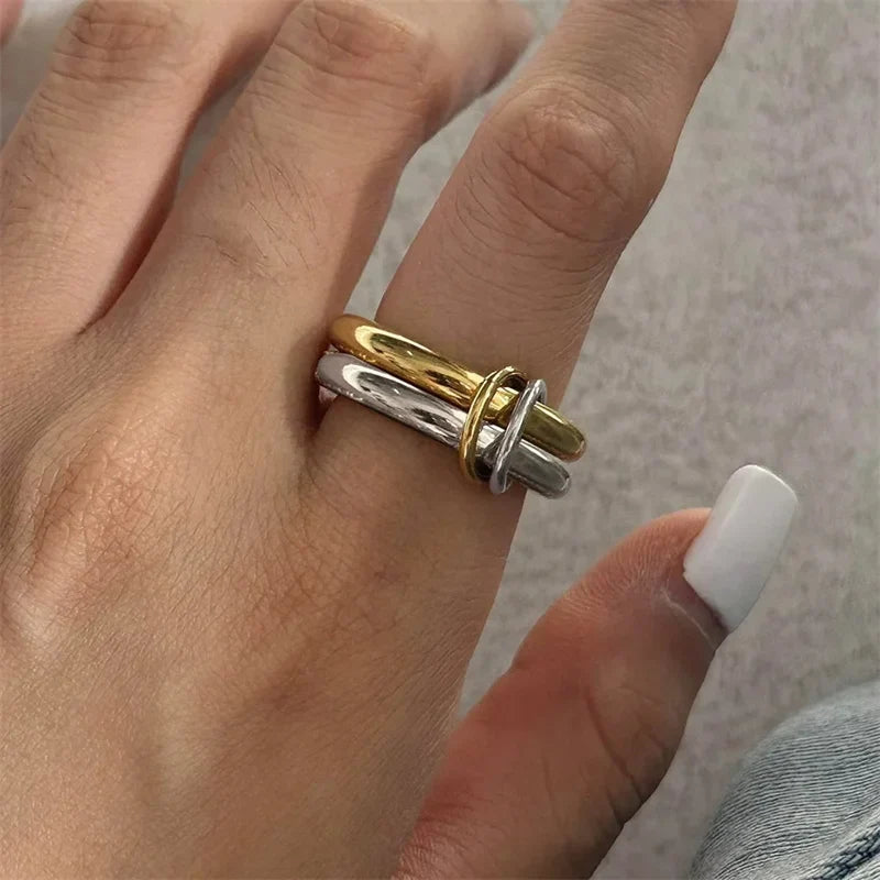 A Niche Two-Color Four-Ring Copper Jewelry Ring, Hypoallergenic, Ins Style, Stacking Artifact, Suitable For Young Wome Jewelry