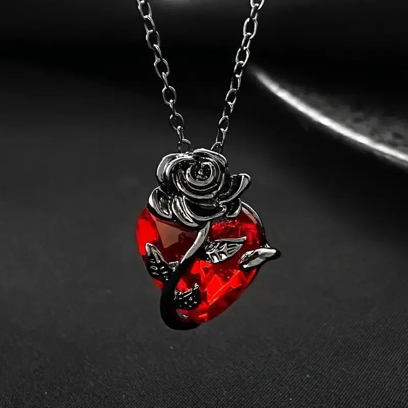 Luxurious Red Crystal Heart Necklace, Vintage Black Rose Floral Pendant, Elegant Fashion Jewelry Gift for Women