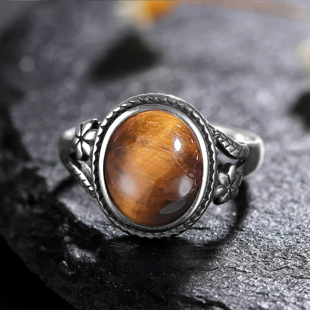 Vinatge Silver Ring Female Jewelry Natural Moonstone Tiger's Eye Personalized Rings for Women Bijoux Wedding Jewelry Gift S925