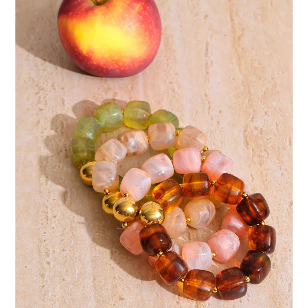Yhpup Acrylic Square Beads Chain Necklace Bracelet Bangle Stainless Steel Handmade Jewelry Waterproof Green Khaki Pink Amber