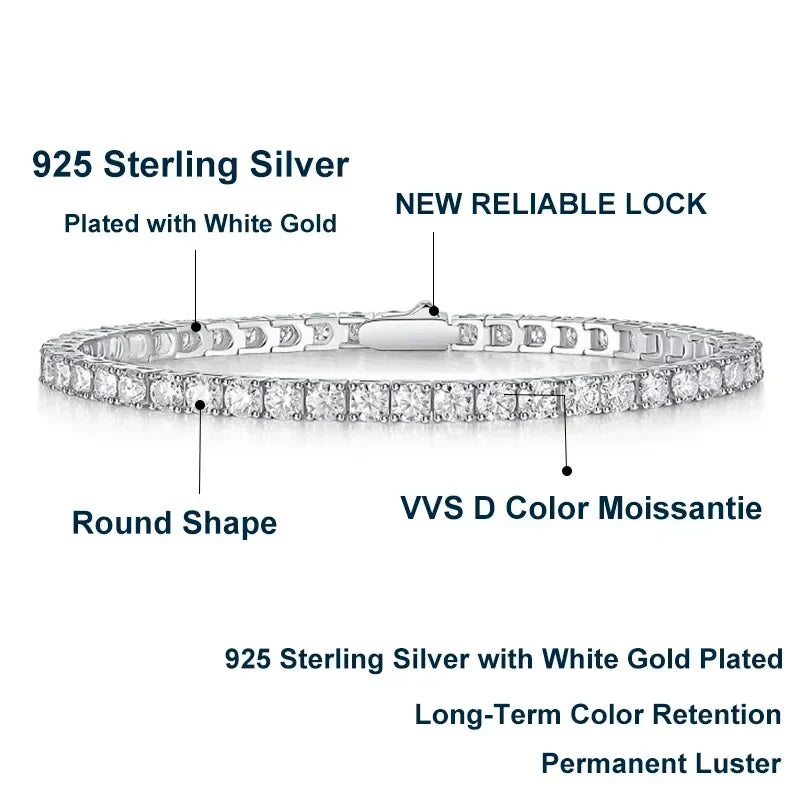 NeeTim 3mm 4mm 5mm 6.5mm Moissanite Tennis Bracelet Original s925 Sterling Silver Lab Diamond Bracelets for Women Men Chains