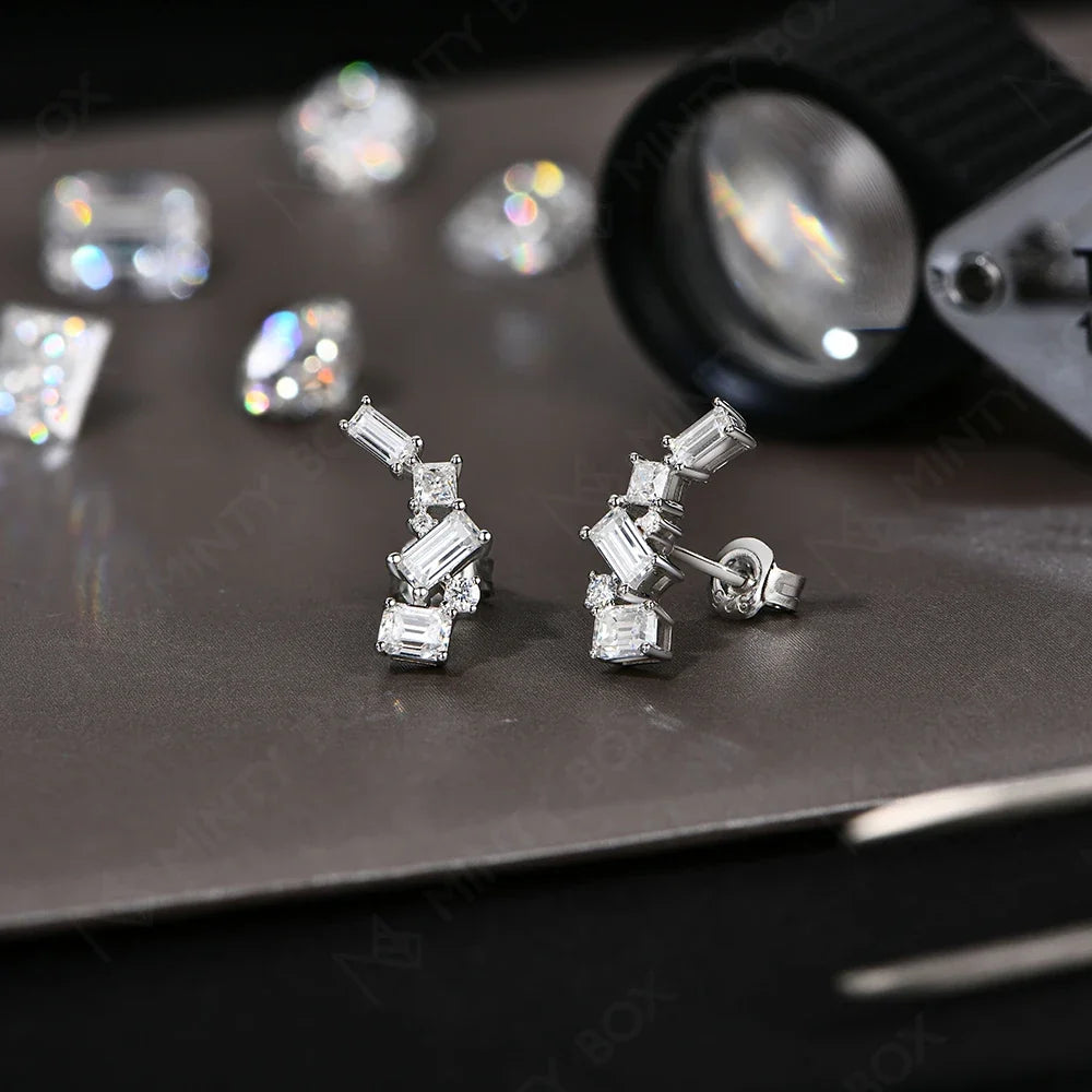 MINTYBOX Moissanite Stud Earrings for Women S925 Sterling Silver Lab Diamond Baguette shape Irregular Earring Engagement Jewelry