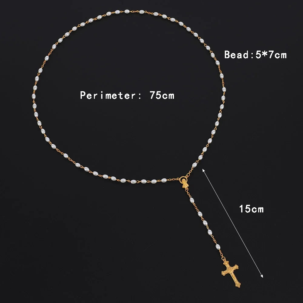 White Oval Pearl Rosary Necklace For Women Catholic Religious Crucifix Cross Pendant Gold Silver Color Chain Men Prayer Jewelry