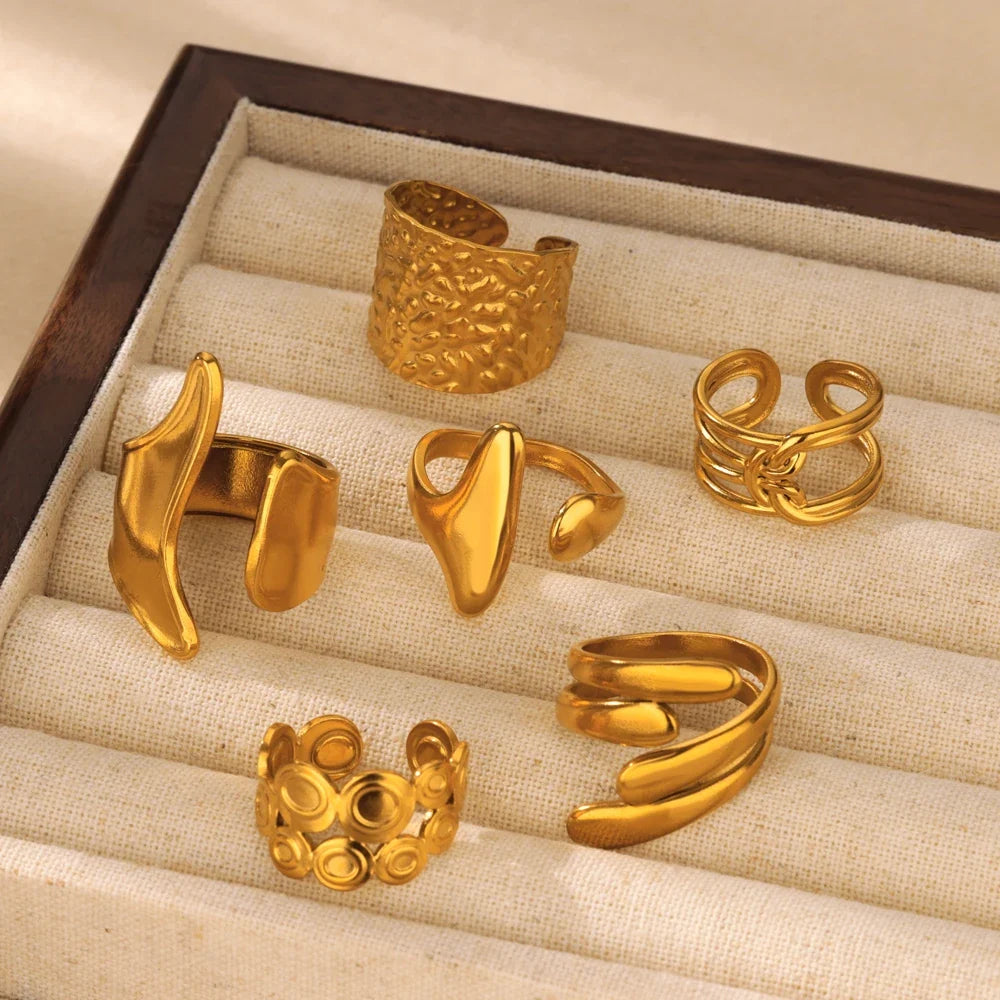 Gold Color Stainless Steel Geometric Rings for Women Zircon Heart Sun Moon Open Ring Fashion Aesthetic Jewelry Wedding Gift
