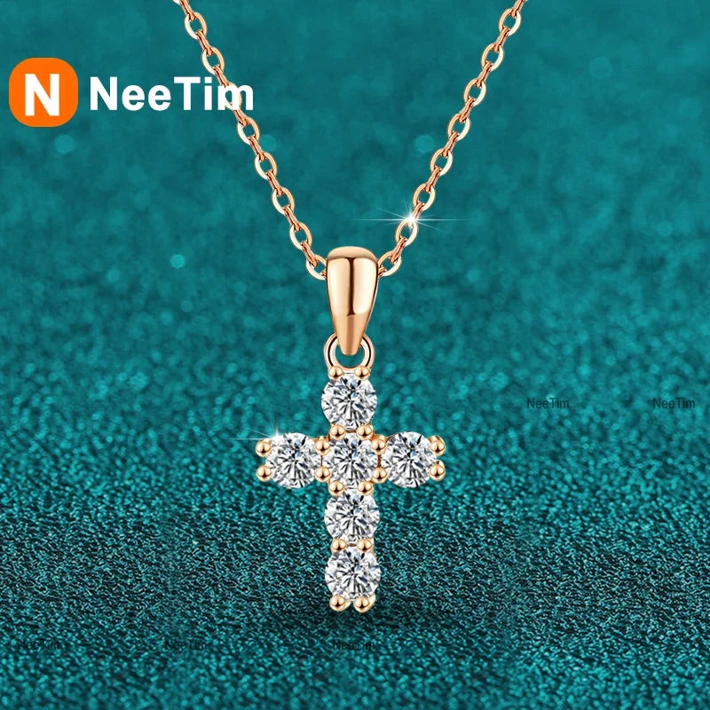 NeeTim 3mm D VVS1 Moissanite Cross Necklace for Women Lab Diamond Sterling Silver 925 Wedding Pendant Certified Necklaces