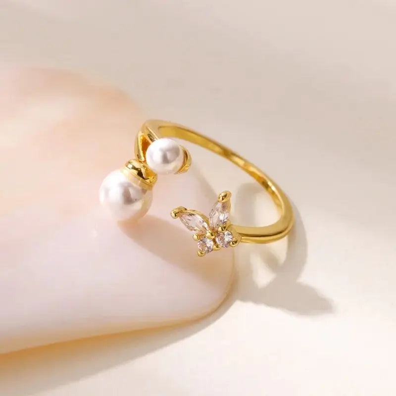 Zircon Butterfly Imitation Pearl Ring For Women Stainless Steel Gold Color Ring 2025 New Fashion Wedding Couple Jewelry Gifts