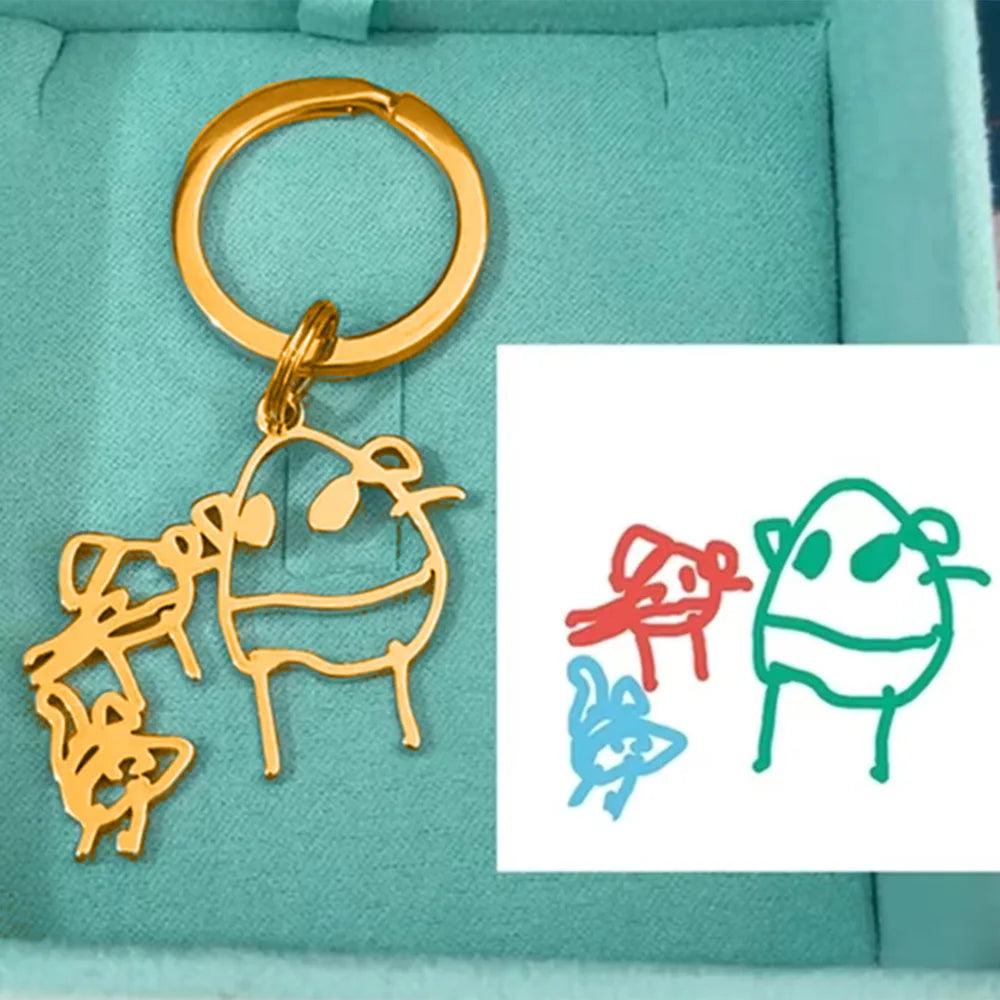 Custom Stainless Steel Children Drawing Pendant Keychain Kids Artwork Personalized Photo Logo Keyring Key Chains Jewelry Gifts