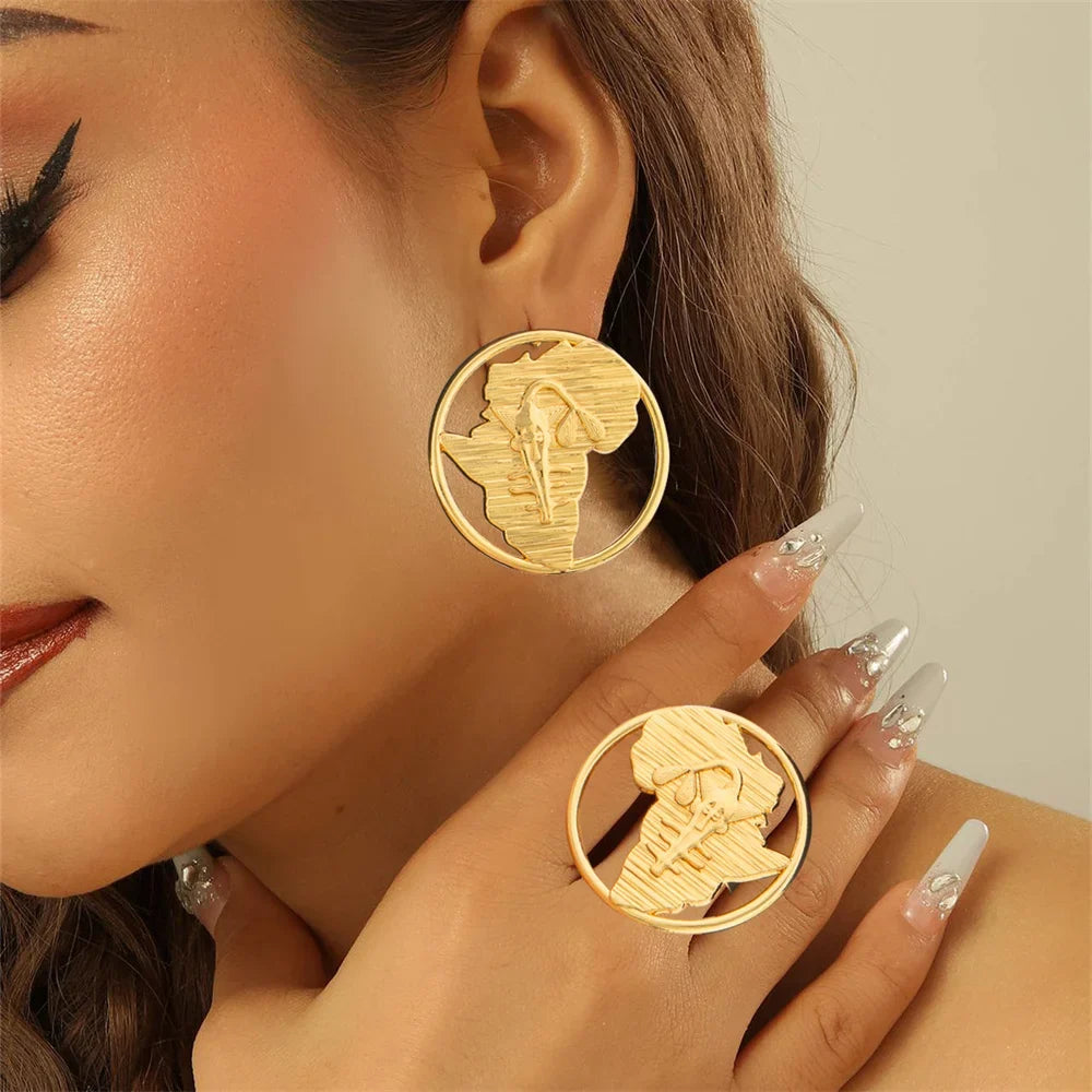 African 18k Gold Color Jewelry Set for Party Clip Earrings and Finger Ring 2Pcs Set for Engagement Dubai Earrings Ring Jewelry