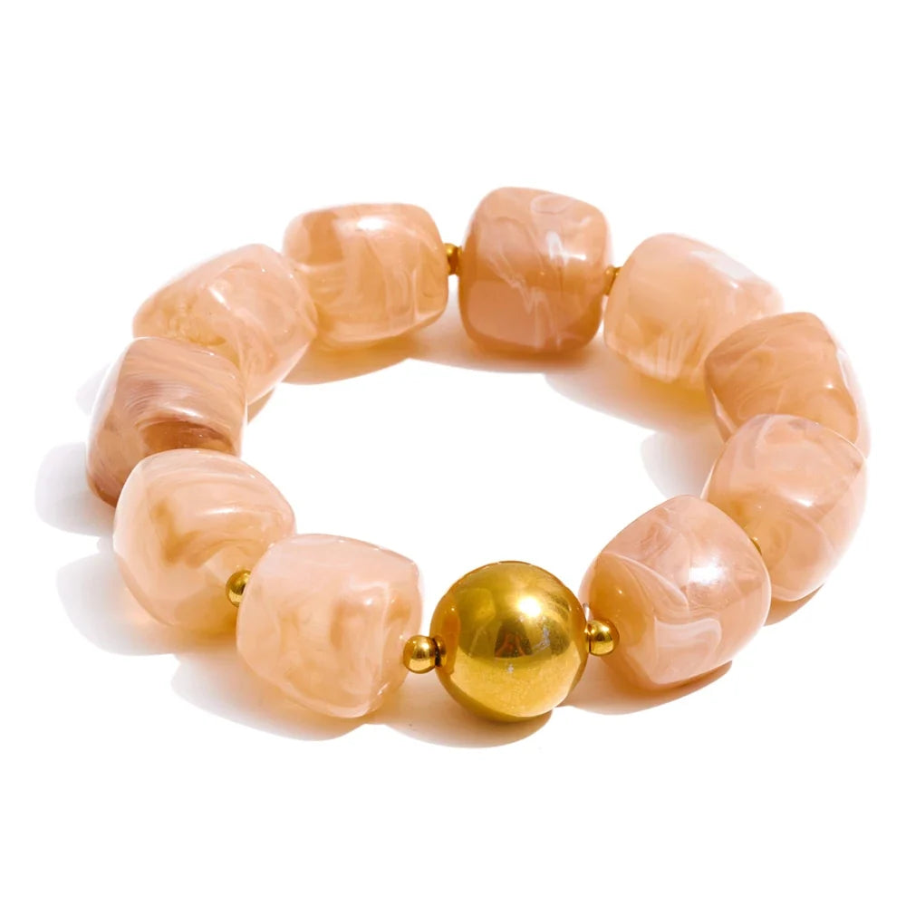 Yhpup Acrylic Square Beads Chain Necklace Bracelet Bangle Stainless Steel Handmade Jewelry Waterproof Green Khaki Pink Amber