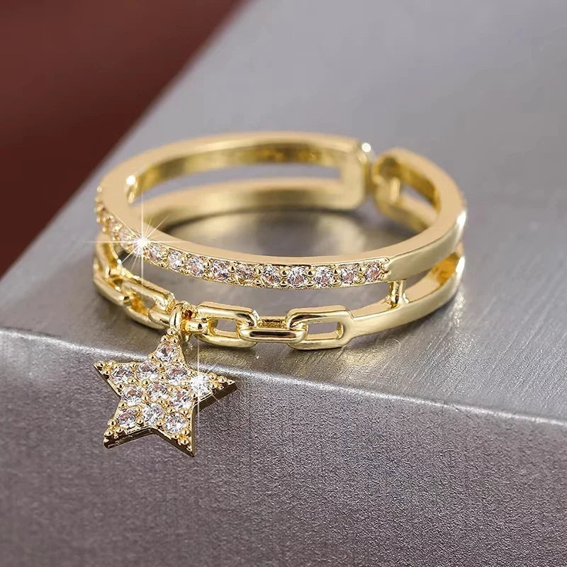 Shinny Rhinestone Gold Color Chain Star Pendant Open Rings Korean Style Woman Fashion Jewelry Wedding Party Girl's Trendy Ring