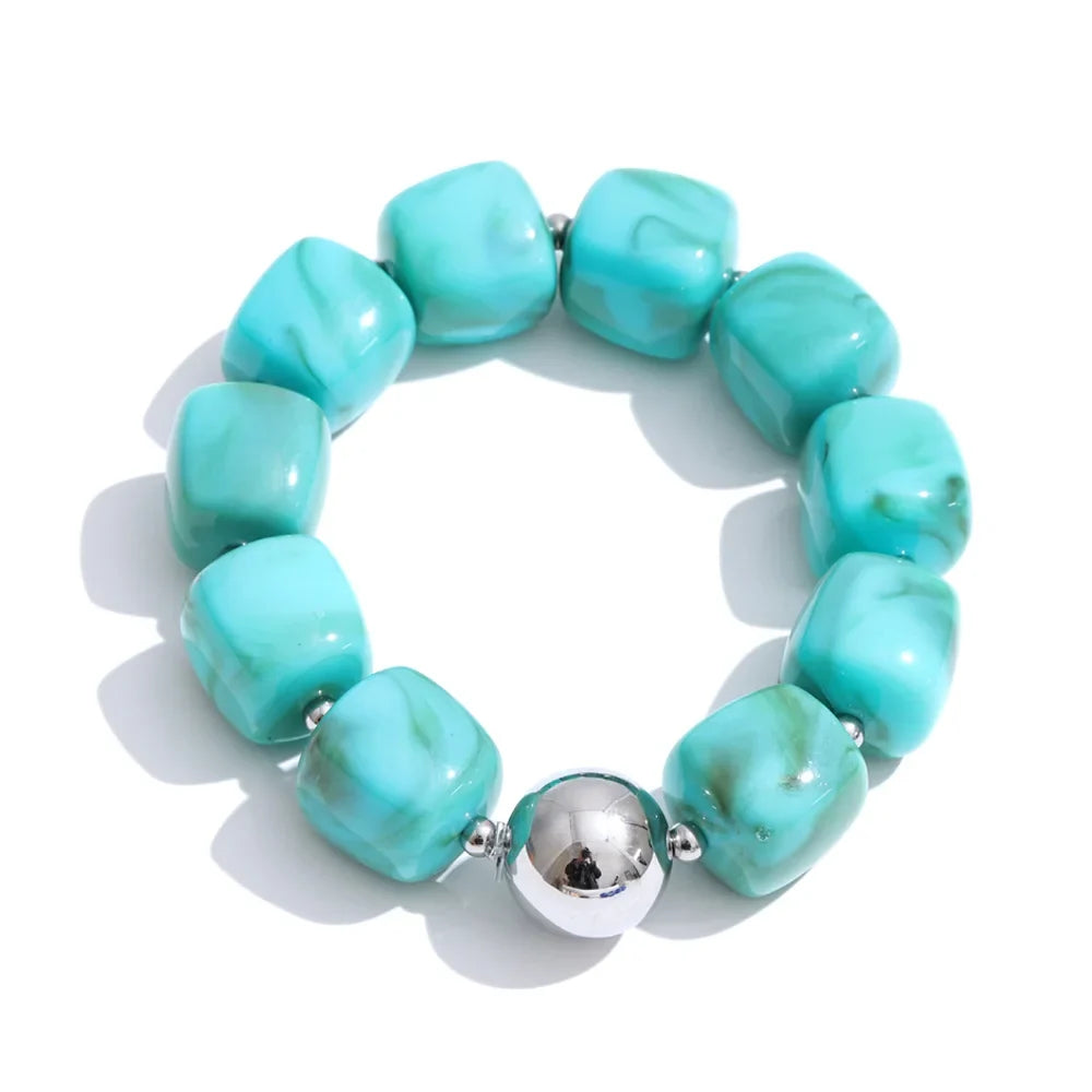 Yhpup Acrylic Square Beads Chain Necklace Bracelet Bangle Stainless Steel Handmade Jewelry Waterproof Green Khaki Pink Amber