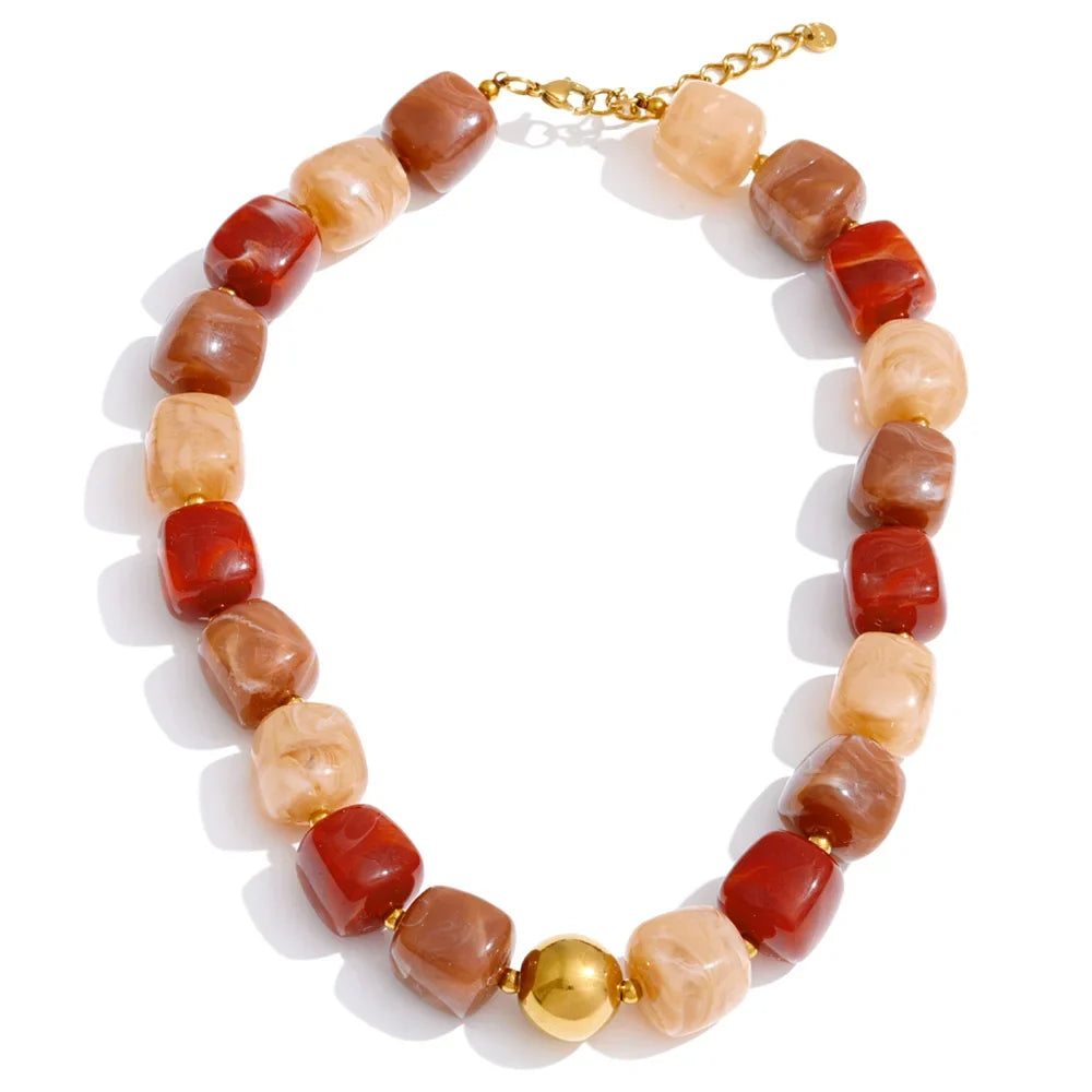 Yhpup Acrylic Square Beads Chain Necklace Bracelet Bangle Stainless Steel Handmade Jewelry Waterproof Green Khaki Pink Amber