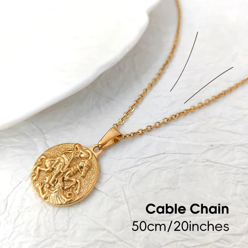 Waterproof Jewelry 18k Gold Plated Holy Saint George Pendant Stainless Steel Poseidon Owl Spartan Pendant Religious Medal Men