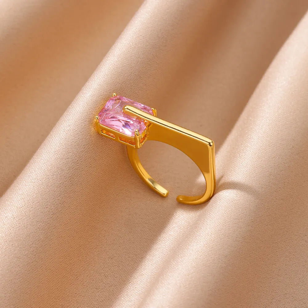 Zircon Geometric Rings For Women Luxury Stainless Steel Gold Color Open Ring Trendy Wedding Party Aesthetic Jewerly Gift Femme