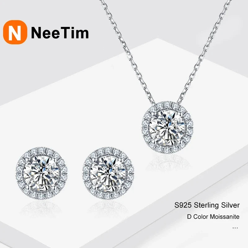 NeeTim 1ct D Color VVS1 Moissanite Jewelry Set 925 Silver with White Gold Plated Pendant Necklace Stud Earrings Sets for Women