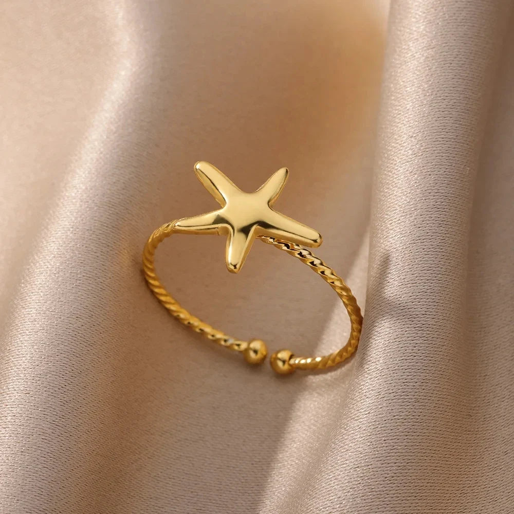Starfish Shell Conch Stainless Steel Open Rings For Women Gold Color Adjustable Finger Ring Fashion Sea Vacation Jewelry Gifts