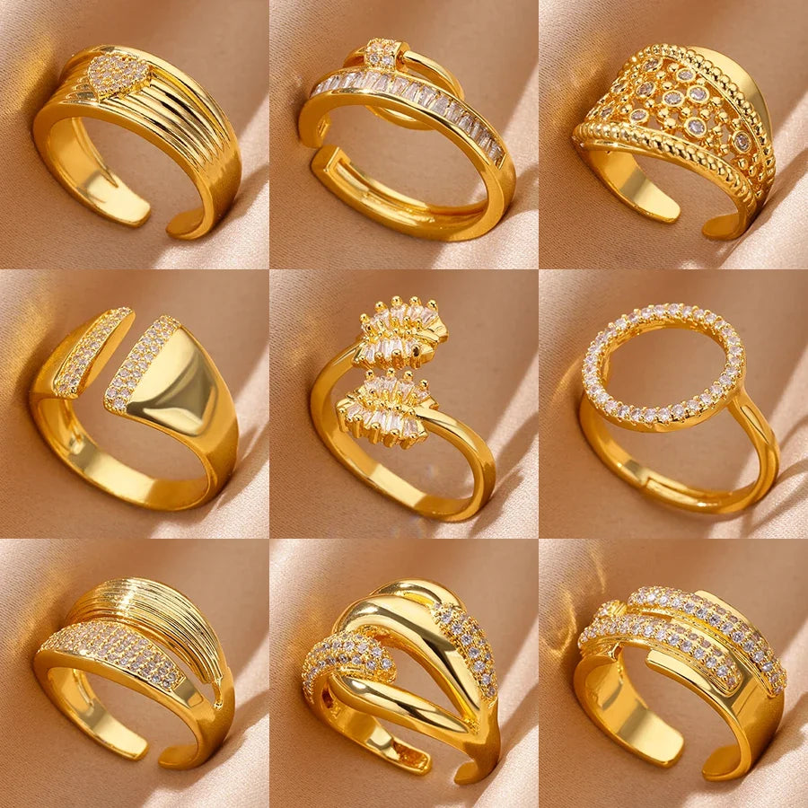 Zircon Geometric Rings For Women Luxury Stainless Steel Gold Color Open Ring Trendy Wedding Party Aesthetic Jewerly Gift Femme