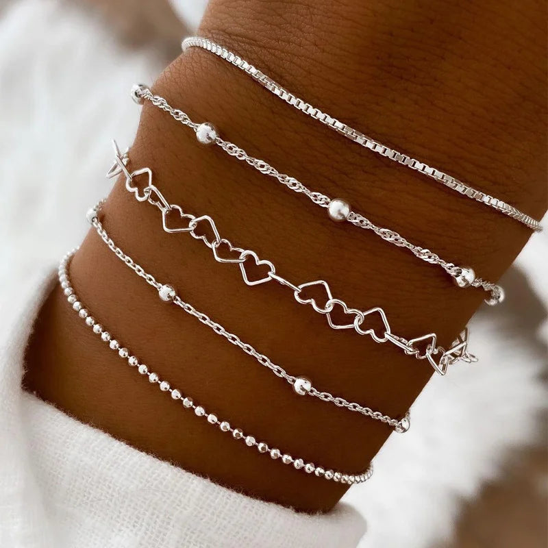 5/15 Pcs Set Silver Color Chain Bead Bracelets for Women Simple Elegant Vacation Beach Party Casual Jewelry Versatile Daily Wear